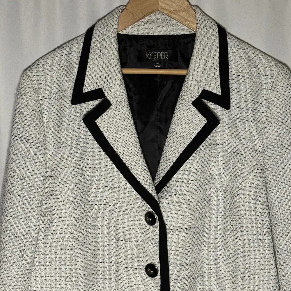 Kasper Tweed Contrast Black White 3 Button Women's Blazer Jacket Plus Size 18 - Picture 4 of 16